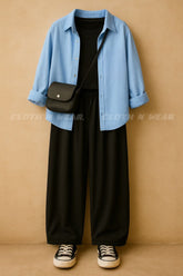Pair of 3 (sky blue button down shirt, black inner tshirt and black flapper)
